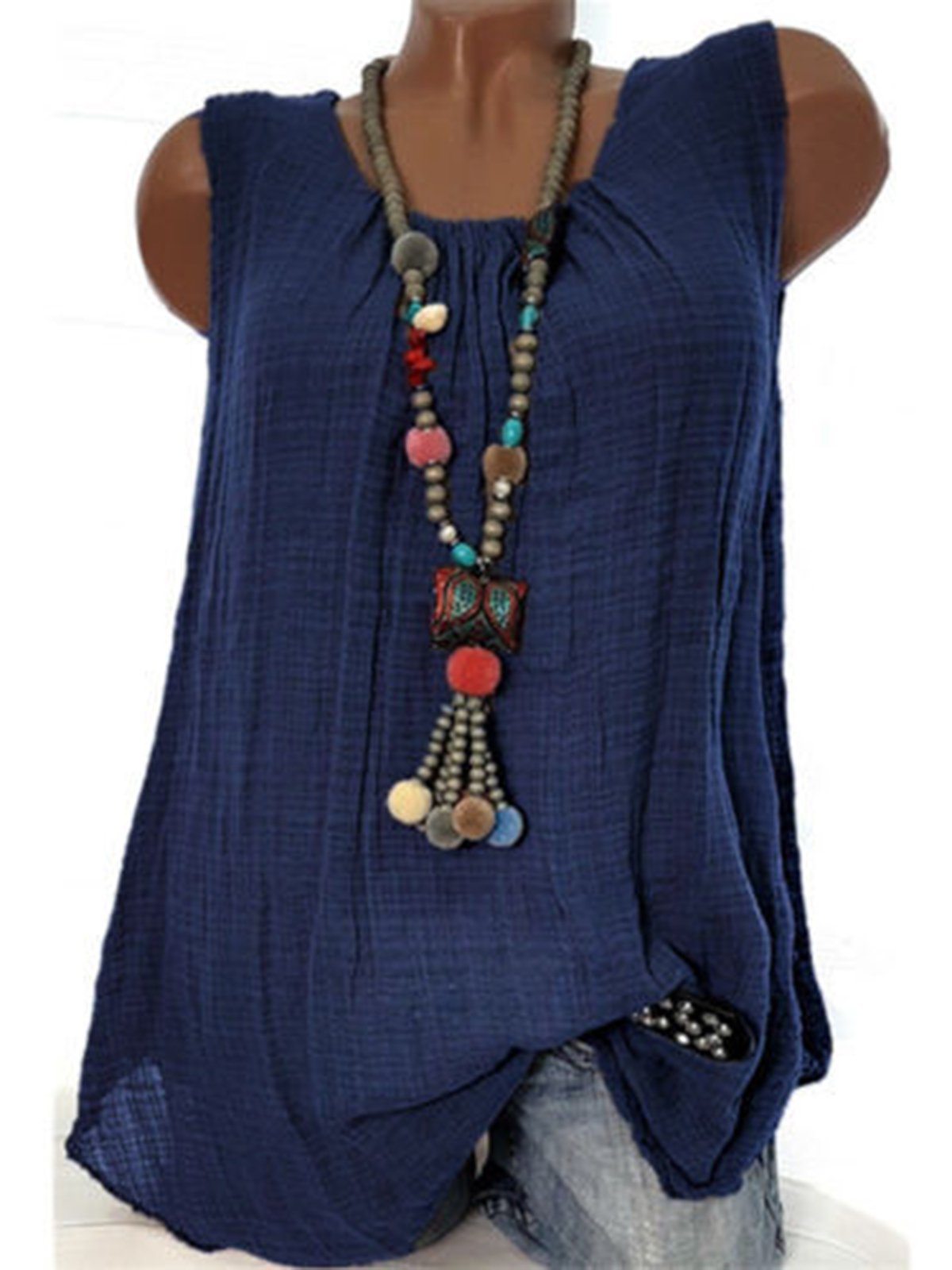 Women  Linen Causal Tops Round Neck Solid  Sleeveless Tanks