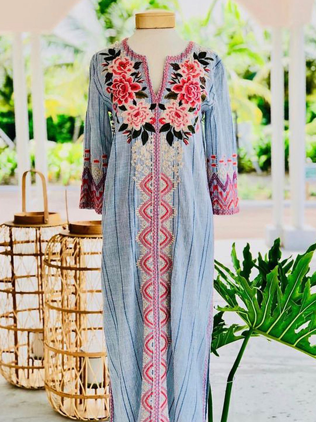 Printed V Neck Vintage 3/4 Sleeve Dresses