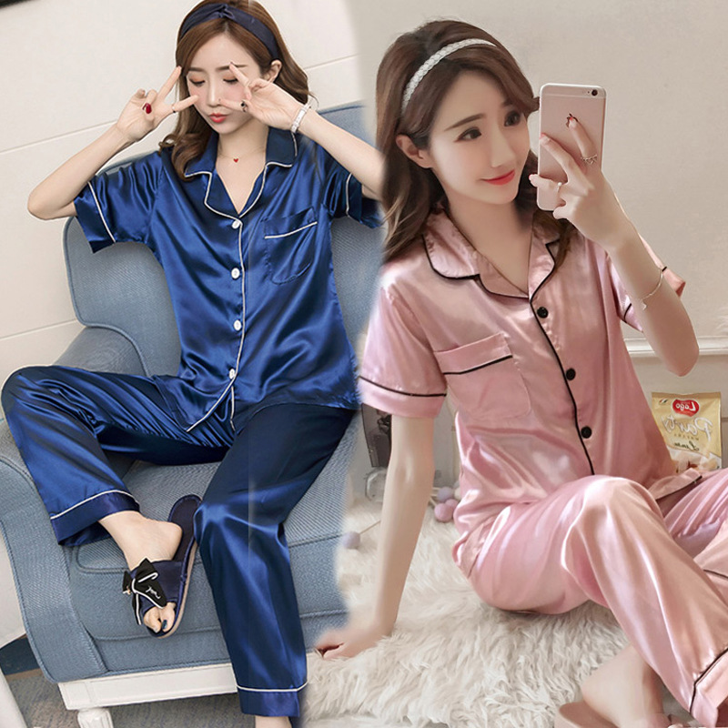 睡衣女士仿真丝夏季短袖长裤开衫少女丝绸 厂家代发 跨境亚马逊