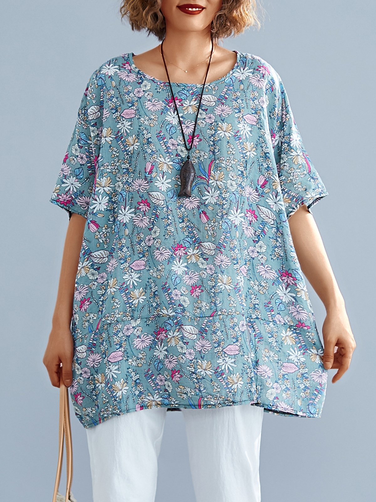 Women Short Sleeve Round Neck Vintage Floral Casual Tops