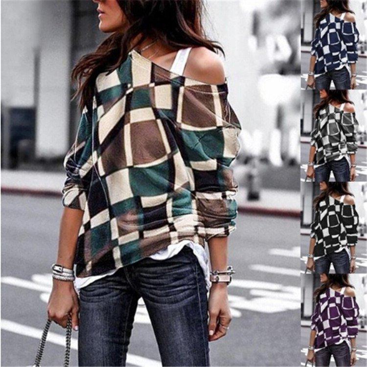 Women Long Sleeve Checkered Cotton-Blend Geometric Off-shoulder T-Shirts