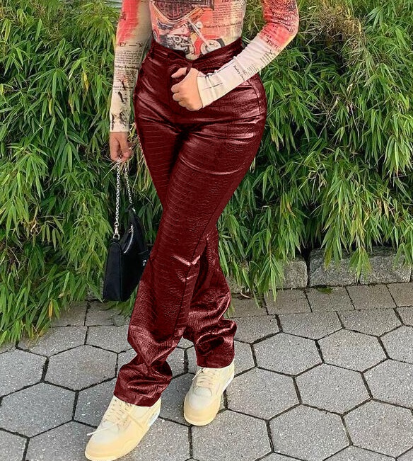 Winter Snake Skin Leather High Waist Pants