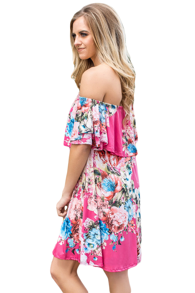 Ruffle Off Shoulder Rosy Floral Mini Dress
