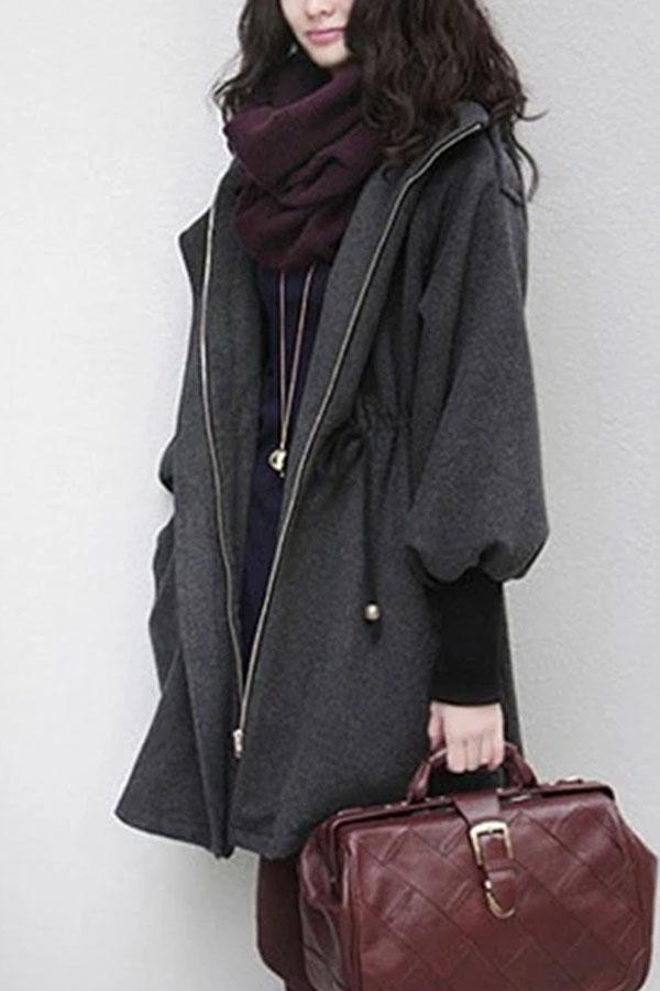 Hooded  Drawstring  Plain  Batwing Sleeve Coat
