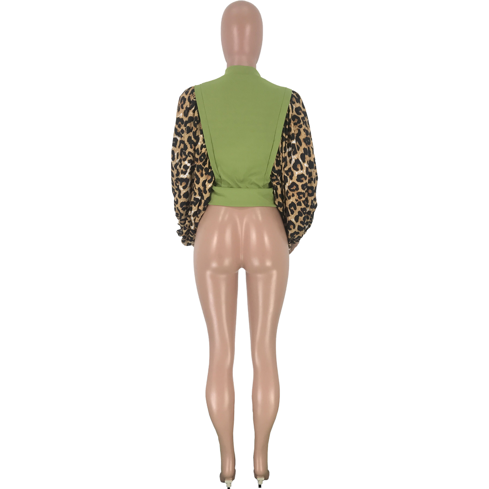 Sexy Tight Basic Top with Leopard Pop Sleeves