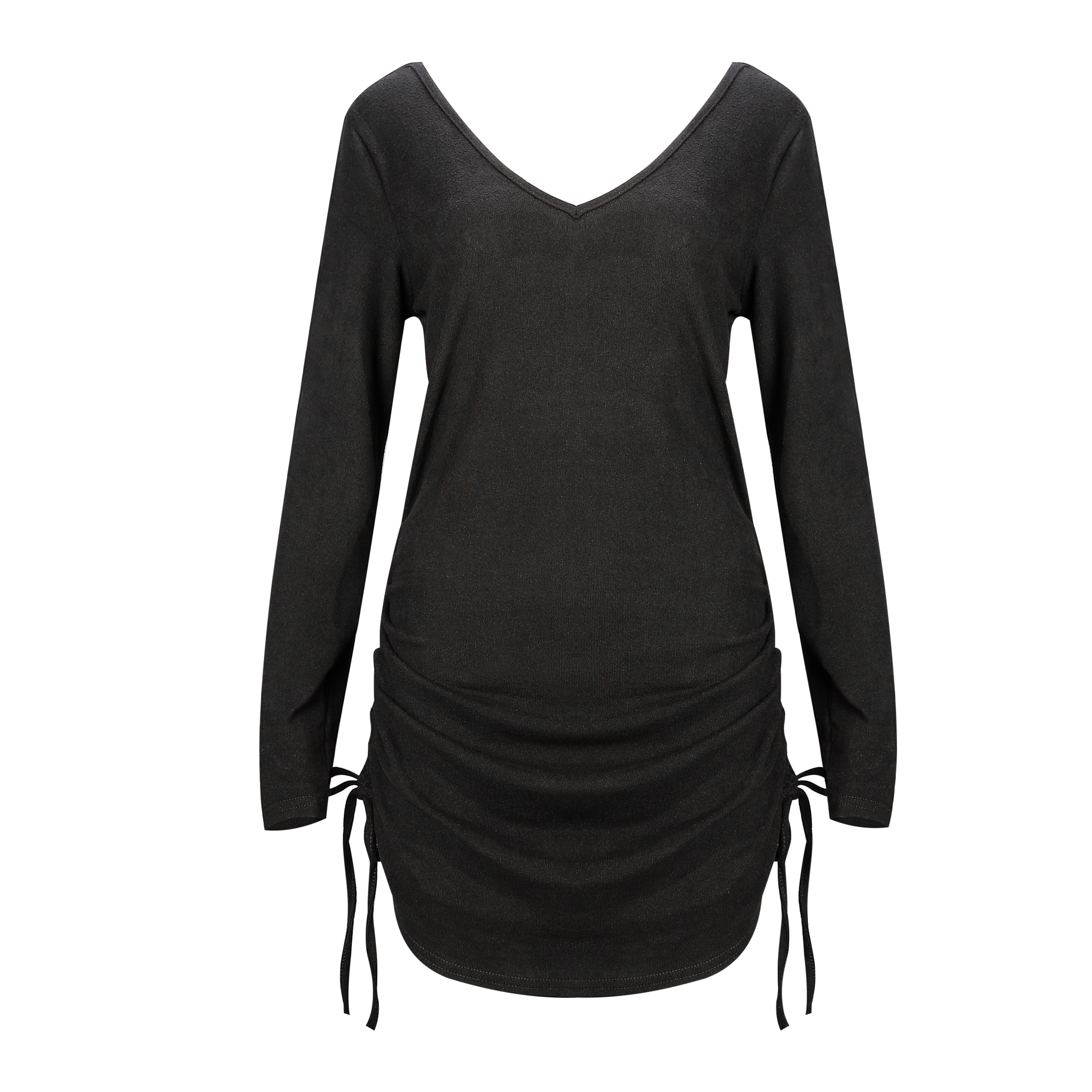 Autumn Black V-Neck Ruched Strings Shirt Dress
