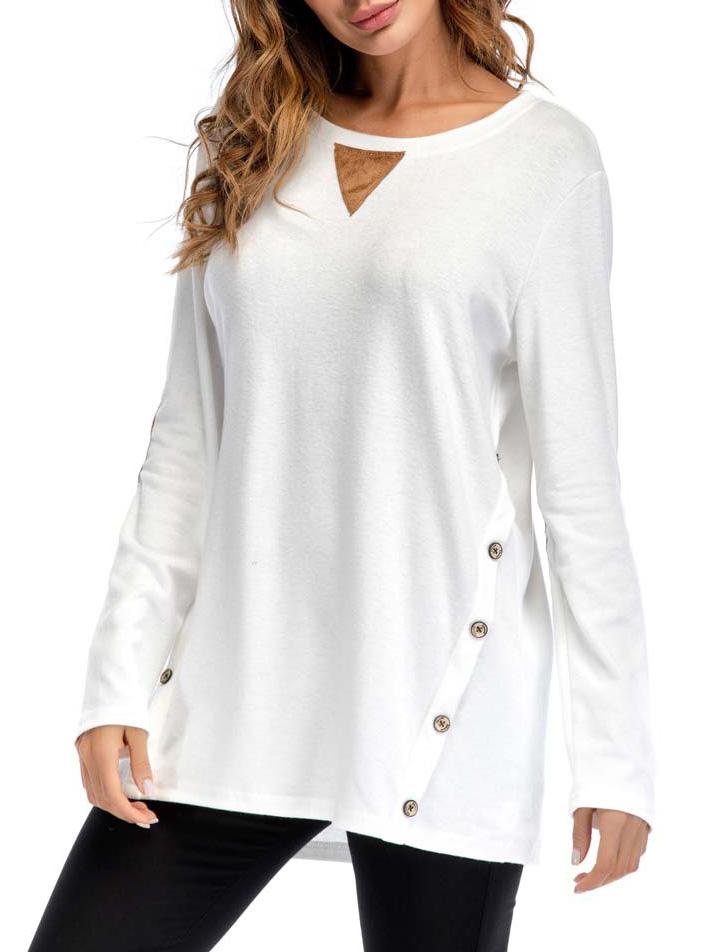 Hot Sale Solid Color Round Neck Double Row Button Collage T-shirt