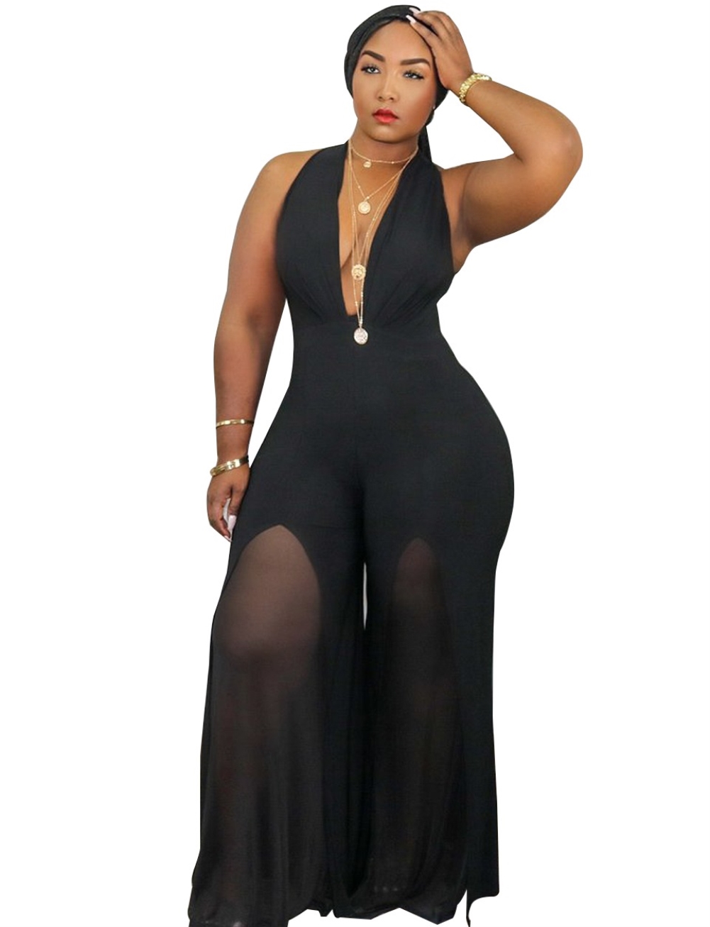 plus size sexy deep-v halter jumpsuit