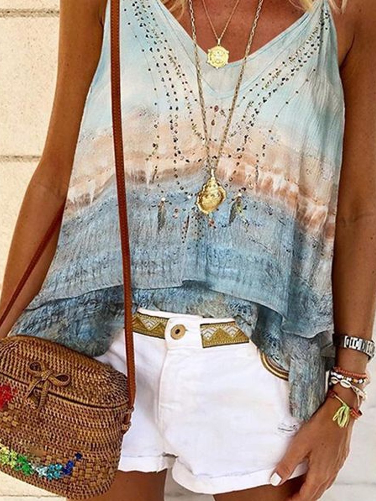 Light Blue Floral-Print V Neck Holiday Shirts & Tops