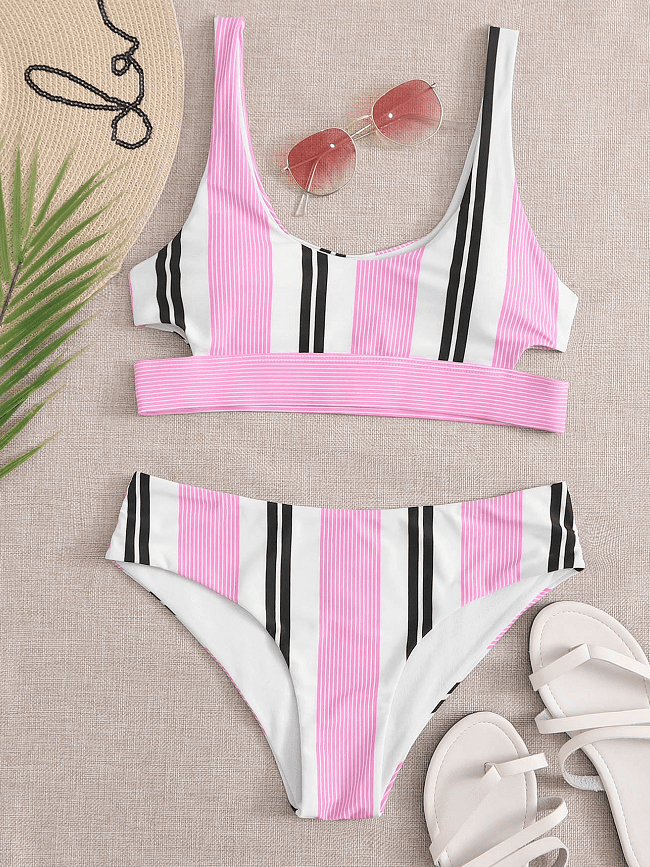 Stripe Print Cut Out Tank Bikini
