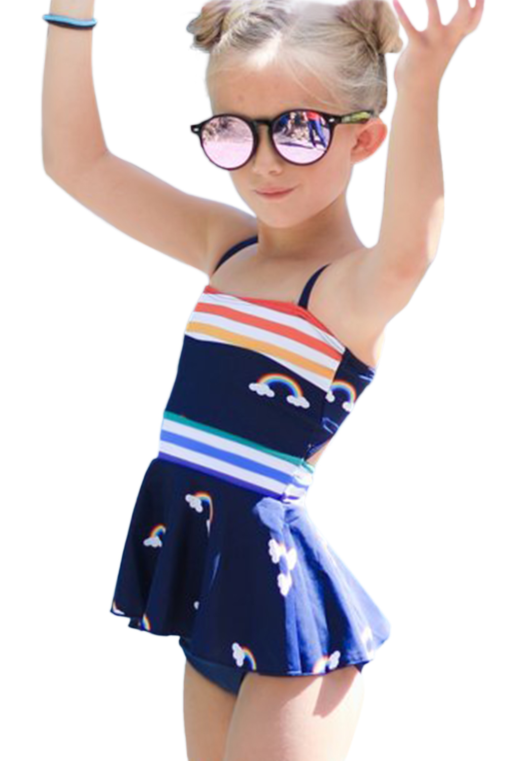 Rainbow Stripes Print Peplum Little Girls Swimsuit