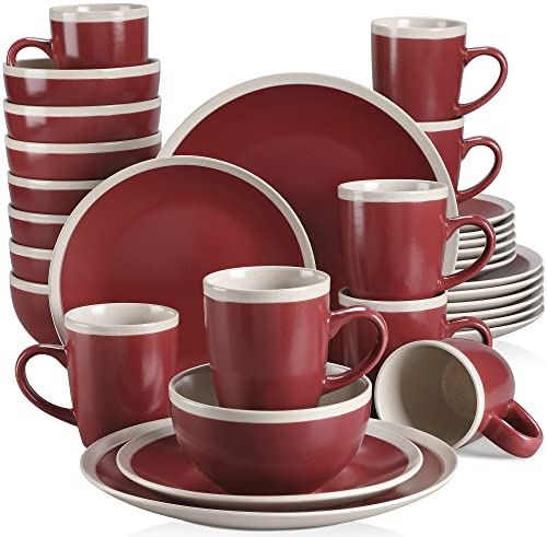 32 Pieces Dinnerware Set Service For 8, Red and Cream Stoneware Made With Bowls