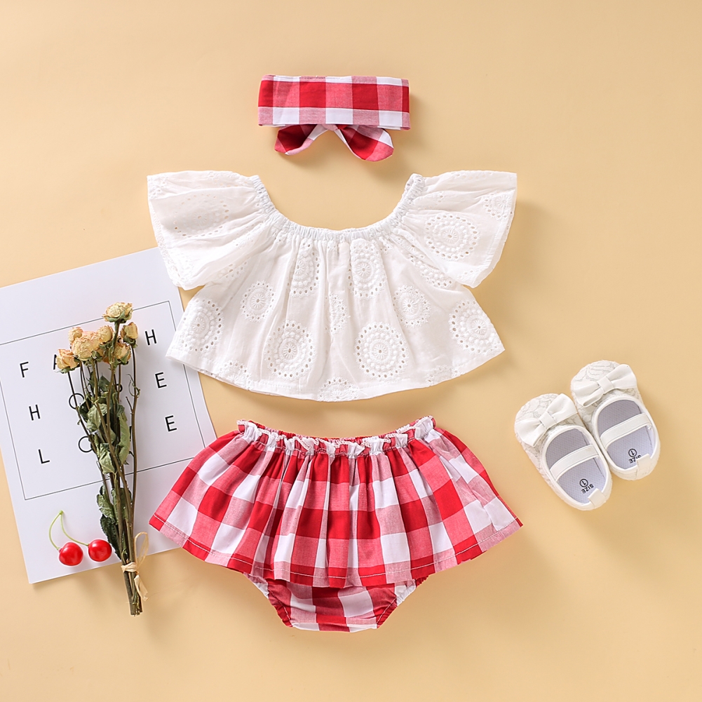 Baby Girl Summer White Crochet Top and Plaid Skirt
