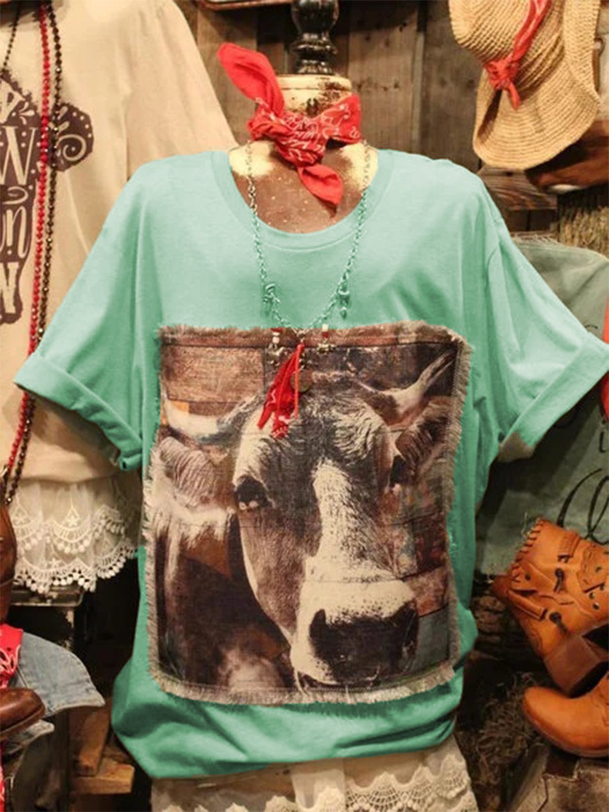 Green Jersey Vintage Crew Neck Animal Shirts & Tops