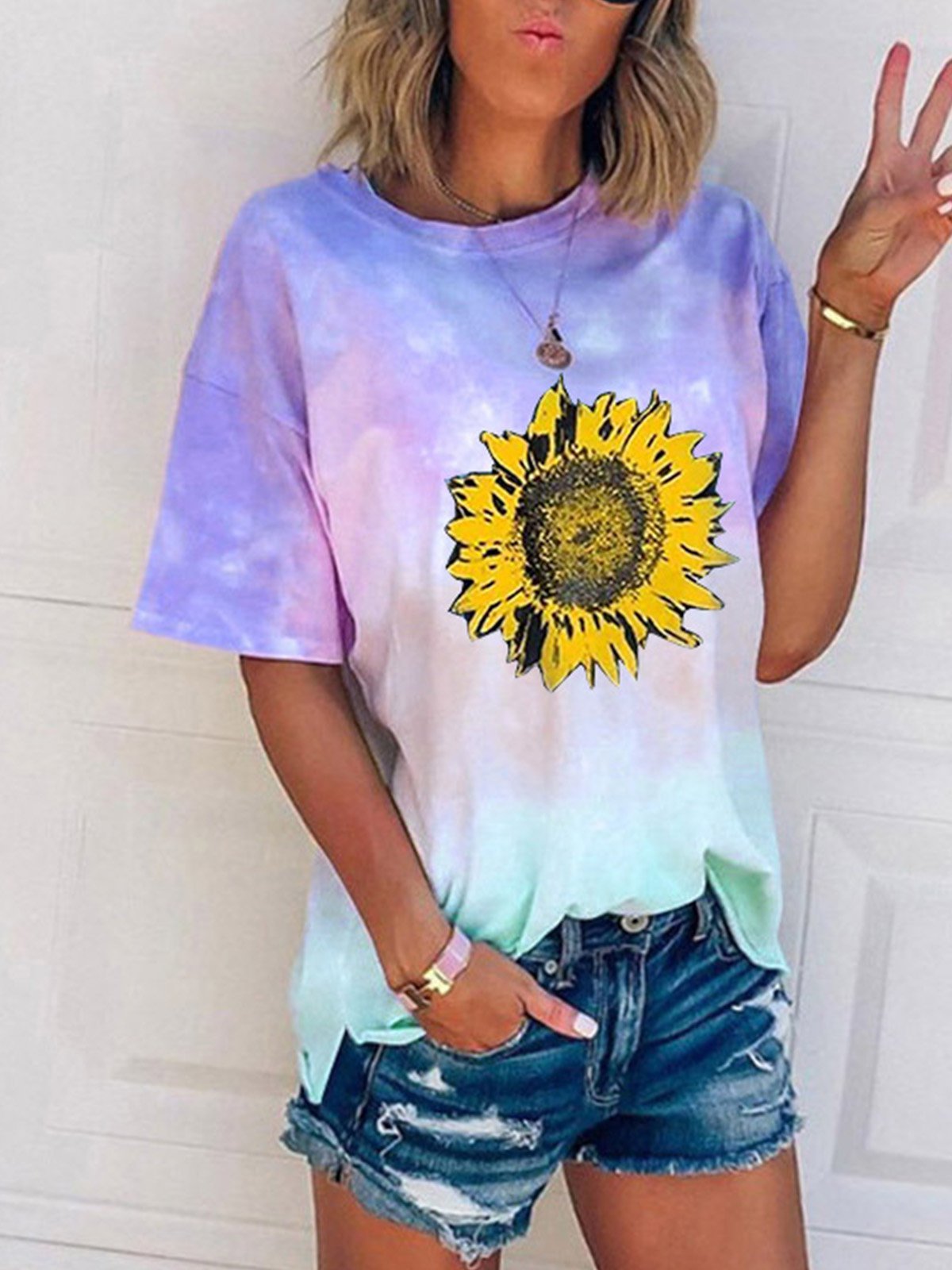 Short Sleeve Casual Round Neck Cotton-Blend Shirts & Tops