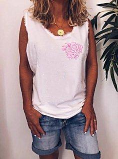 White Flora Casual V-neck Sleeveless Cotton Shirt Top