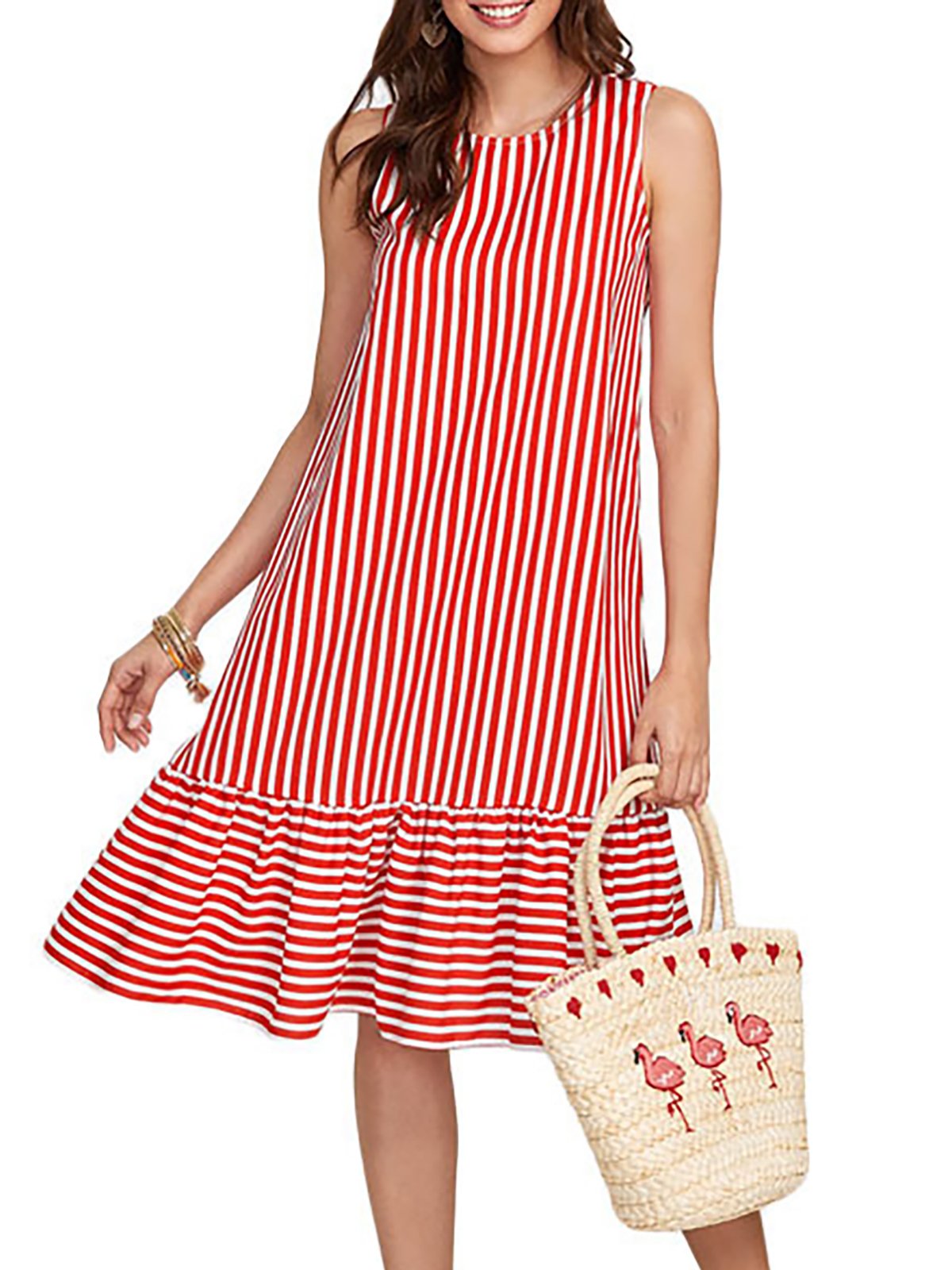 Red Striped Polyester Basic Casual Dress