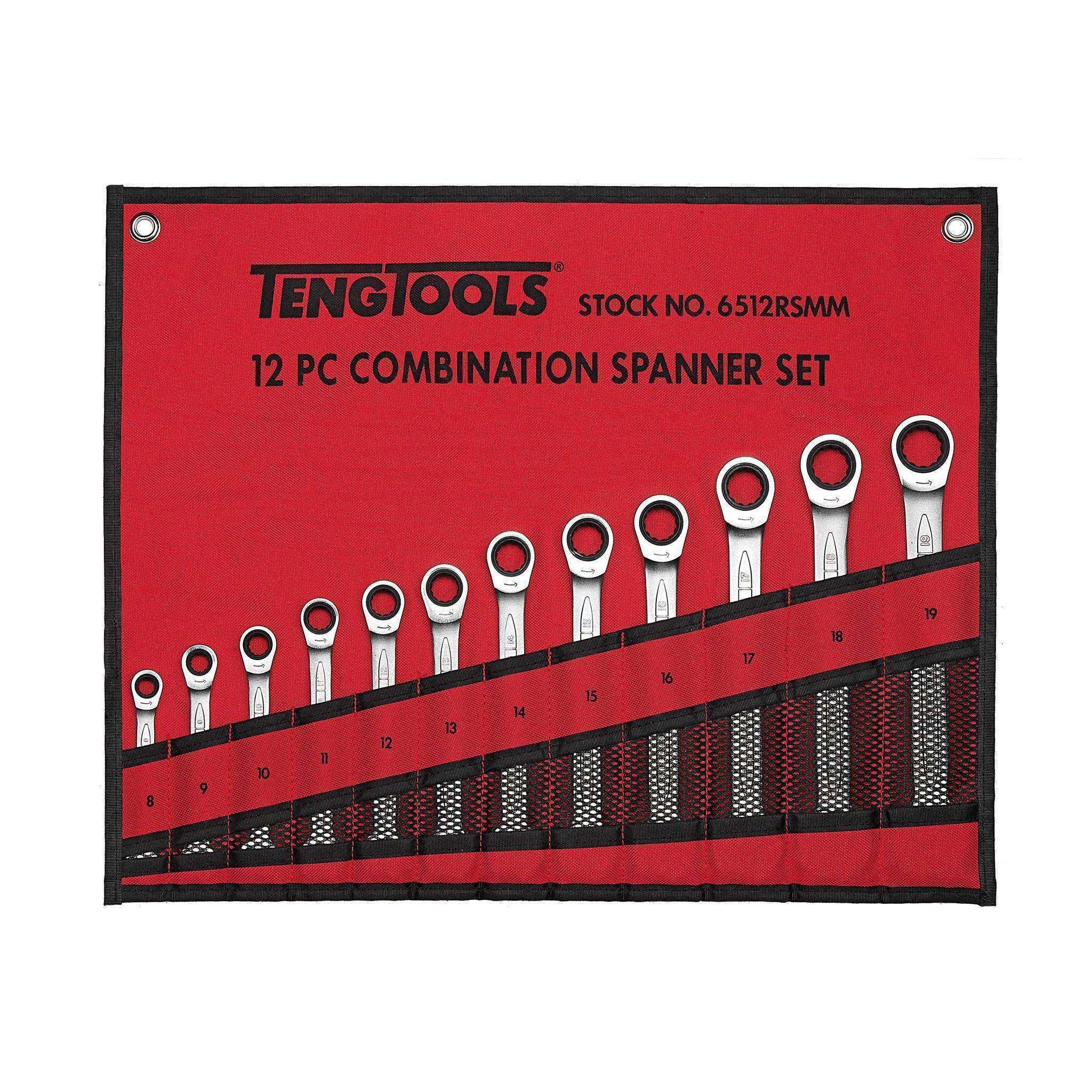 Teng Tools �C 12 Piece 8 to 19mm Ratcheting Combination Spanner Set �C TEN-O-6512RSMM