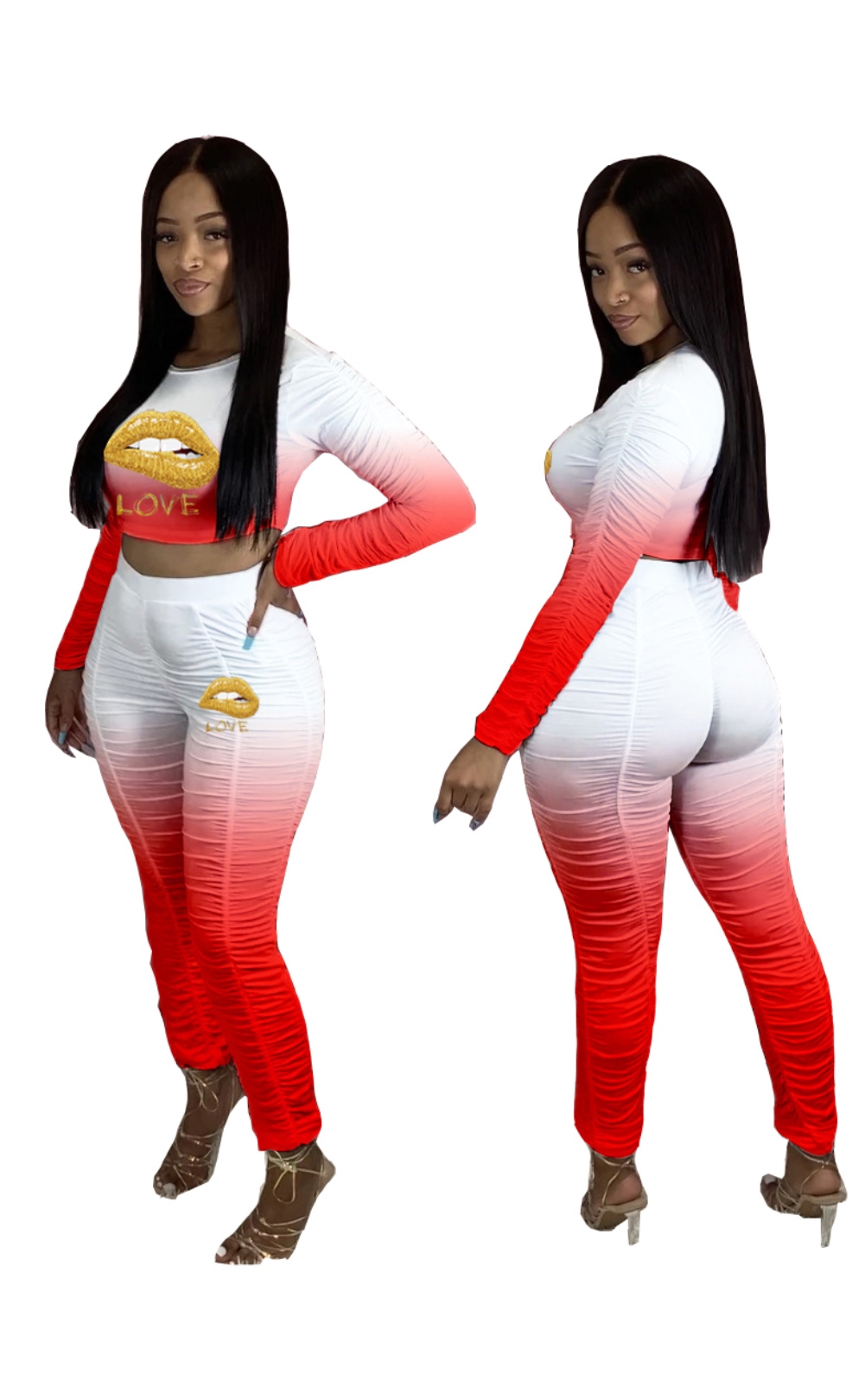 Fall Lips Print Two Piece Ruched Pants Set