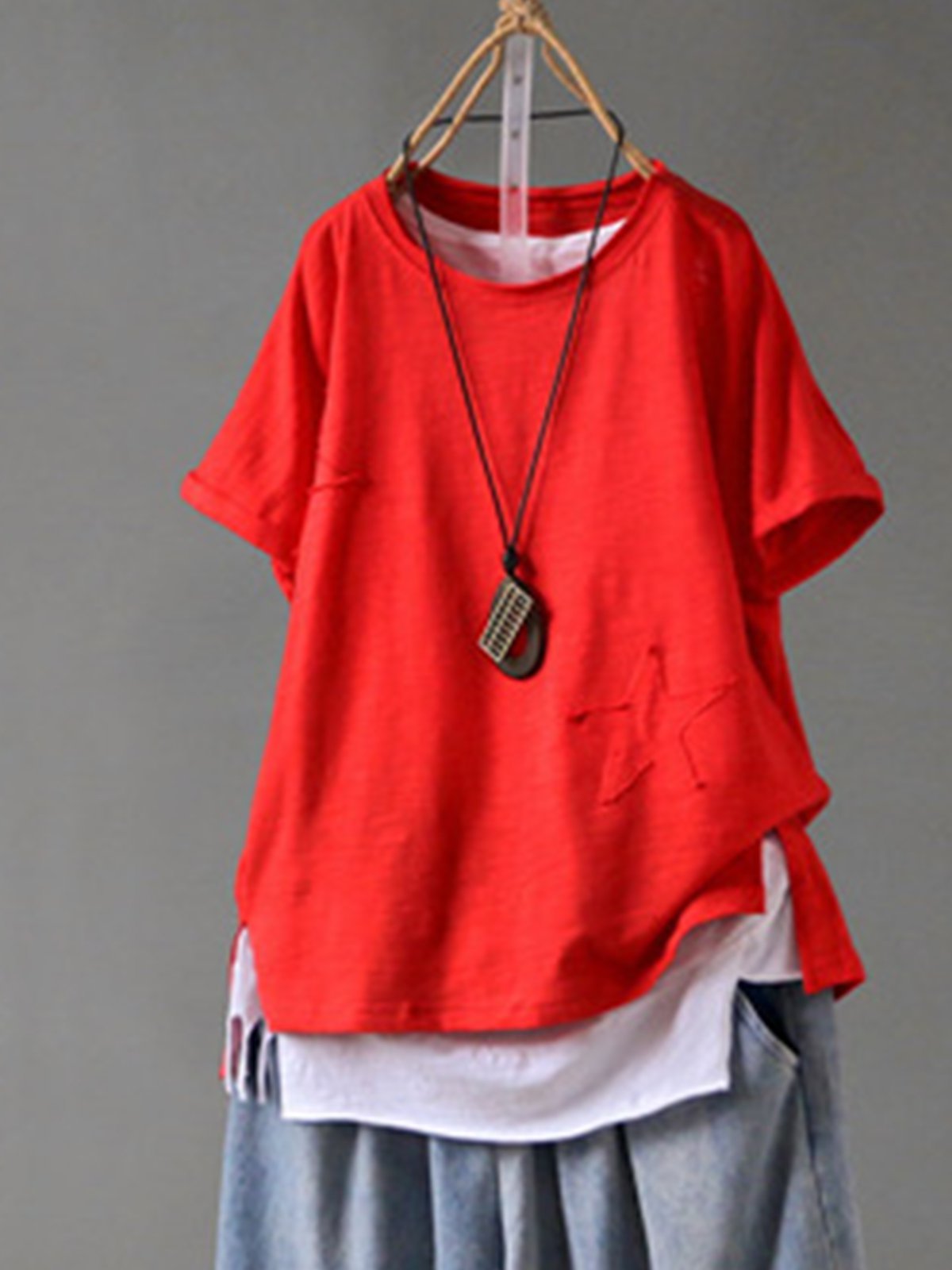 Solid Round Neck Cotton-Blend Shirts & Tops