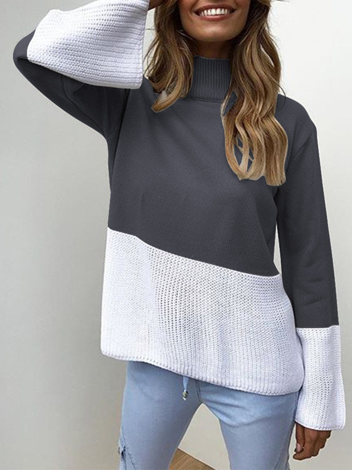 Red Solid Elegant Color-block Knitted Sweater