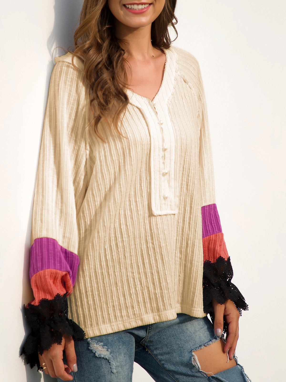 Casual V Neck Long Sleeve Beaded Shift Sweaters