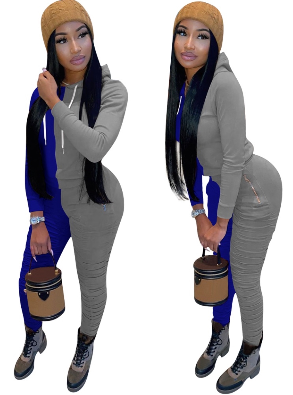 Autumn Contrast Hoodie Stacked Pants Set