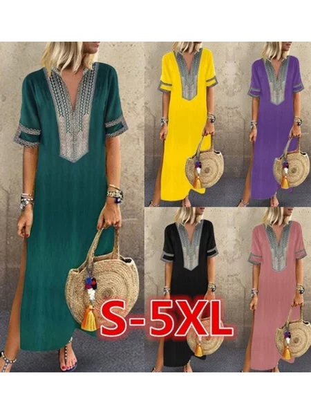 V neck Green Shift Women Daily Statement Half Sleeve Slit Solid Summer Dress