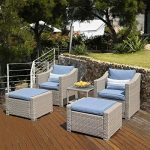 COSIEST 5-Piece Outdoor Furniture Lounge Set Warm Gray Wicker Sectional Sofa w Thick Cushions, Glass-Top Table, 2 Ottomans, 2 Pillows for Garden, Pool, Backyard (Blue)