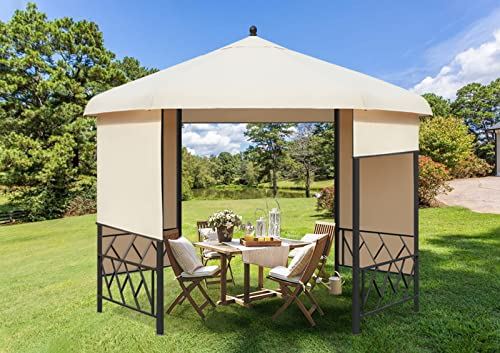 AVAWING 12�� Hexagonal Gazebo, Outdoor Canopy Gazebo Roof Patio Gazebo Steel Frame Pavilion with Lift Shade Curtains for Garden,Patio,Party, Beige