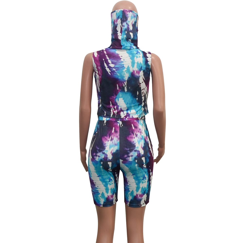 Summer Tie Dye Two Piece Short Set with Face Cover