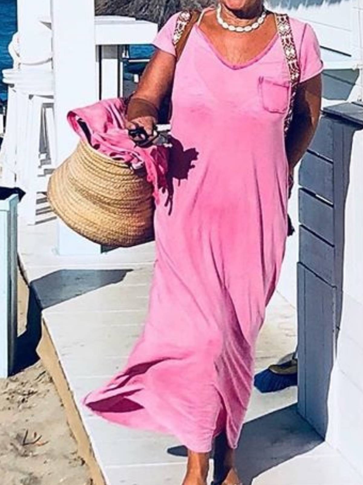 Casual V Neck Pocket Tee Dress