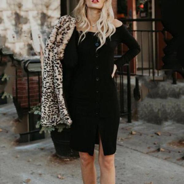 Off Shoulder  Single Breasted  Plain  Long Sleeve Bodycon Dresses