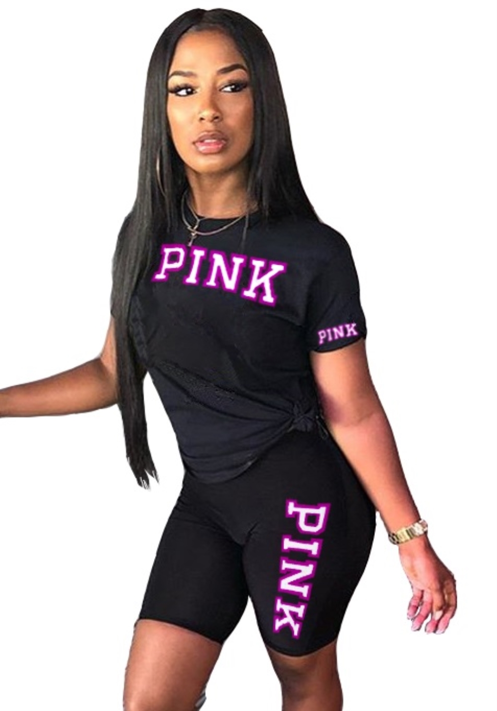 Summer Print Black Two Piece Biker Shorts Set