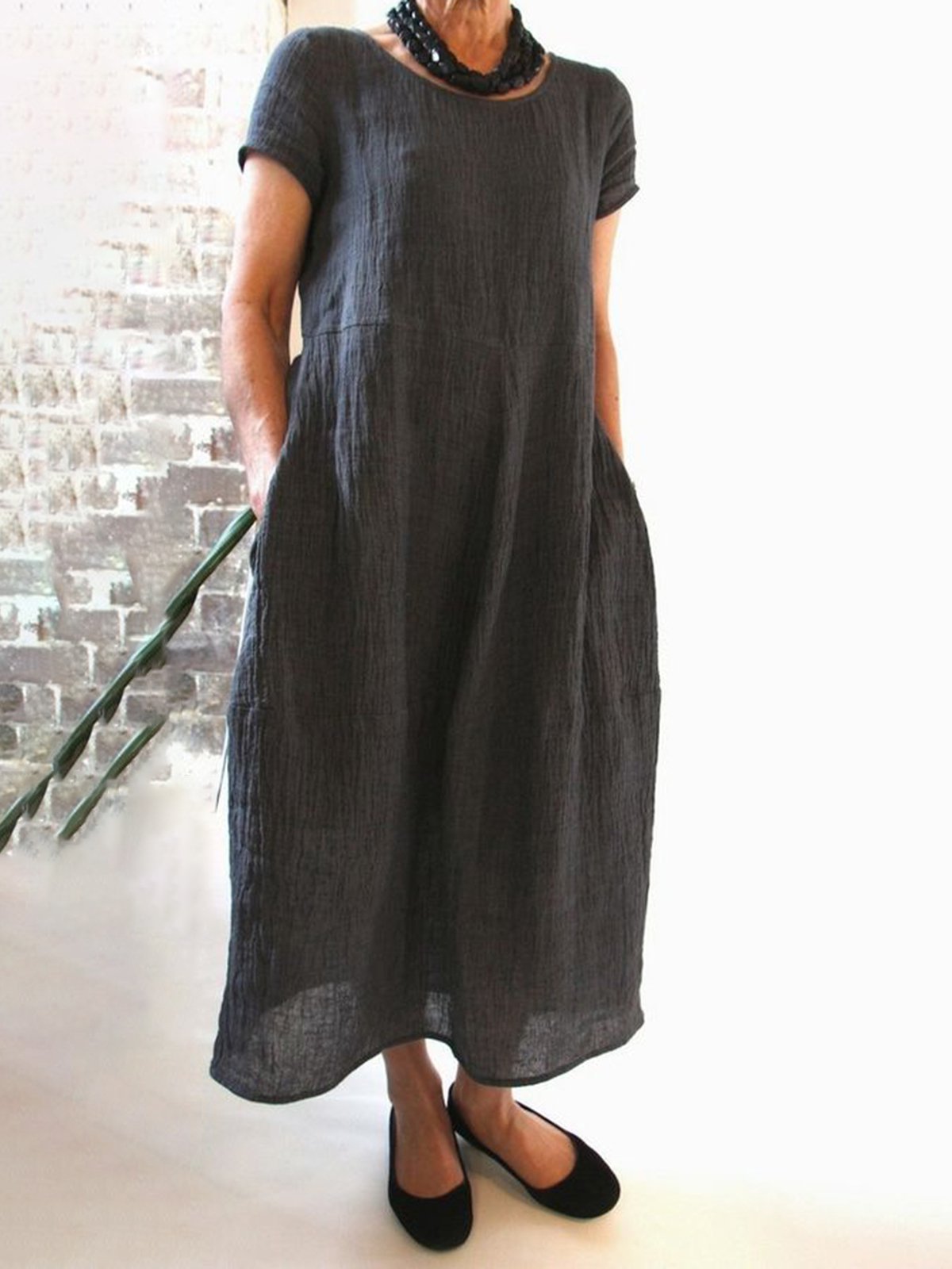 Women Casual Linen Dress Round Neck Short Sleeve Shift Summer Dresses
