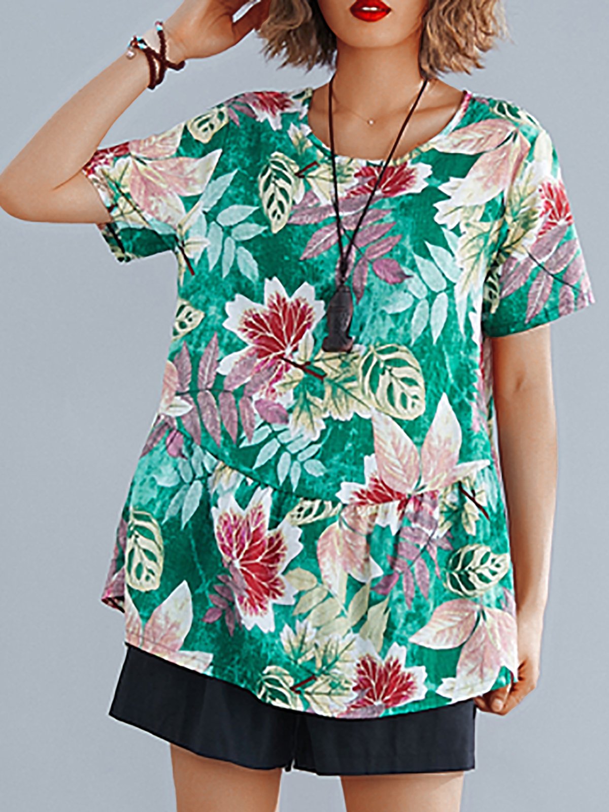 Plus Size Women Short  Sleeve  Round Neck   Leaf  Floral  Casual  Tops