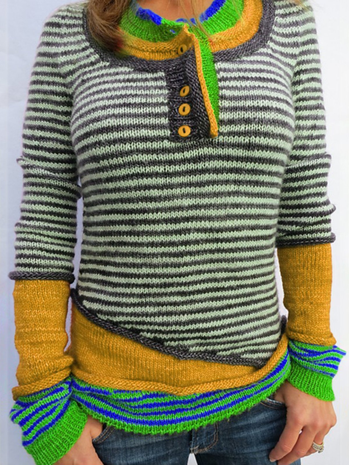 Color-Block Striped Long Sleeve Women's Sweaters