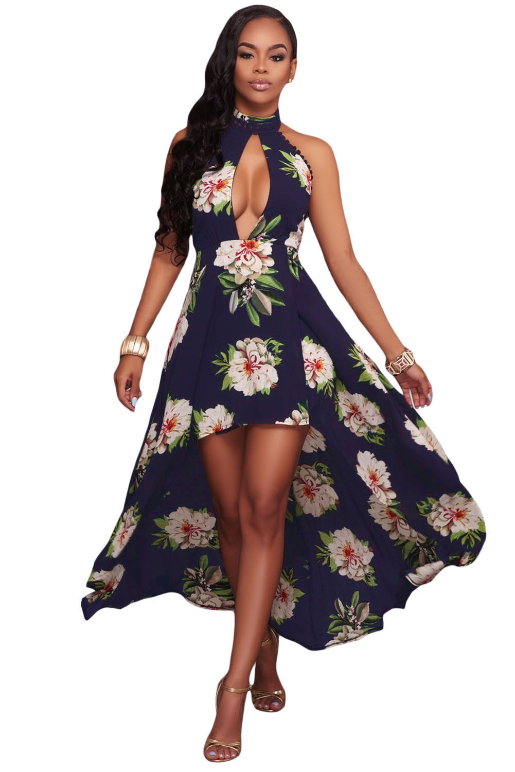Dark Blue Floral Print High-low Halter Maxi Boho Dress