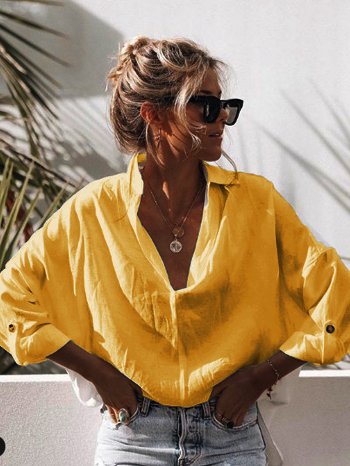 Cotton-Blend Casual Long Sleeve Shirts & Tops