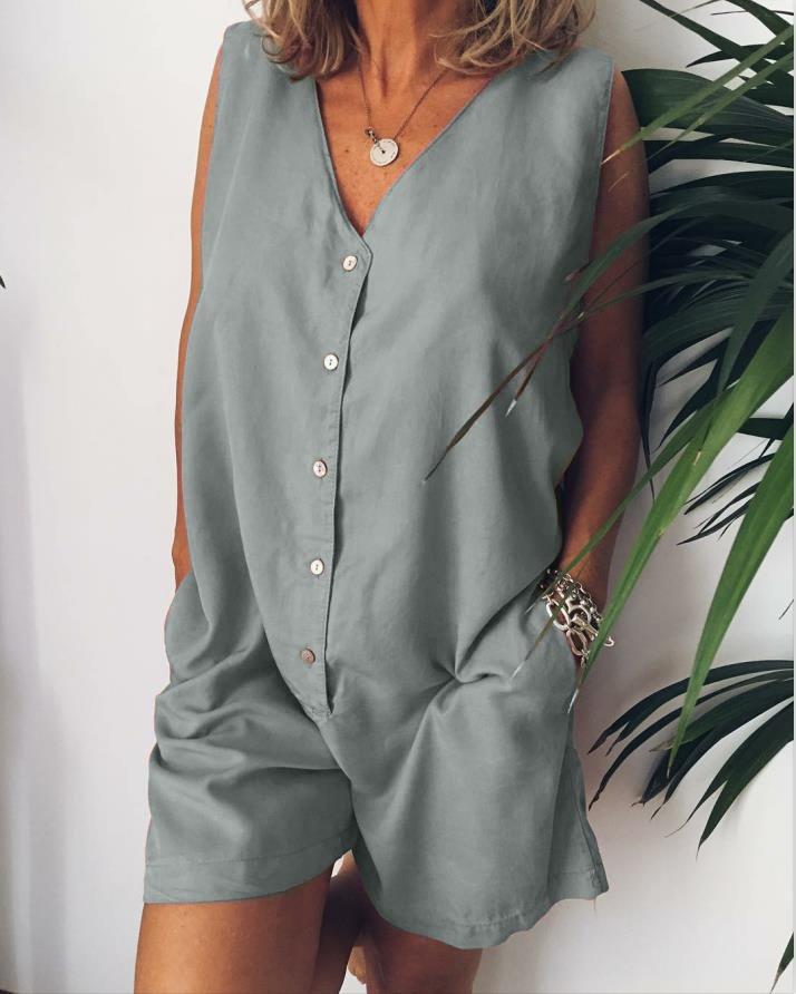 Plus Size Casual V Neck Solid Sleeveless Pockets Jumpsuits