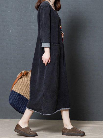 Fashhion Long Sleeve Women Loose Linen Cotton Casual Dress