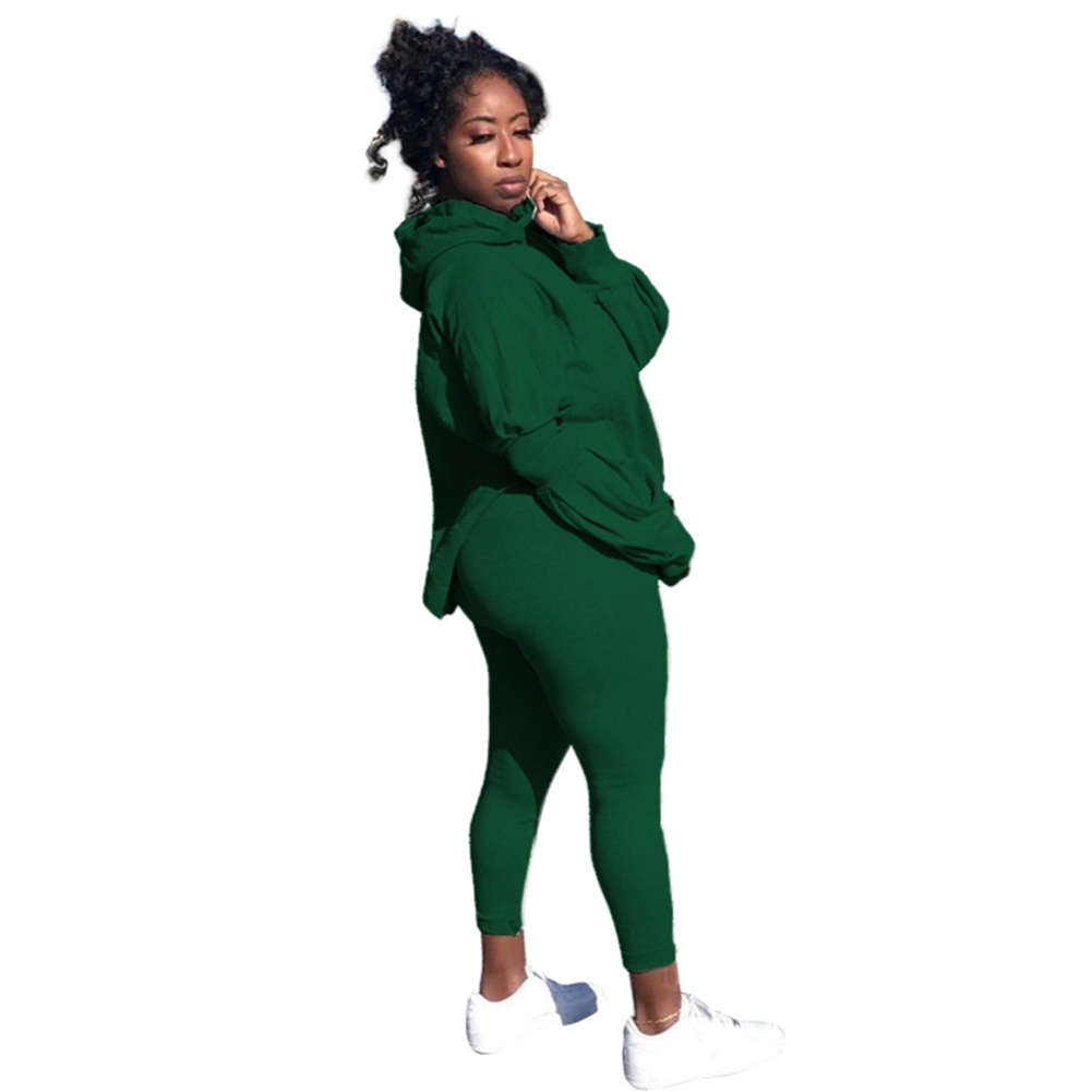 Autumn Solid Plain Matching Casual Hoody Top and Pants Set