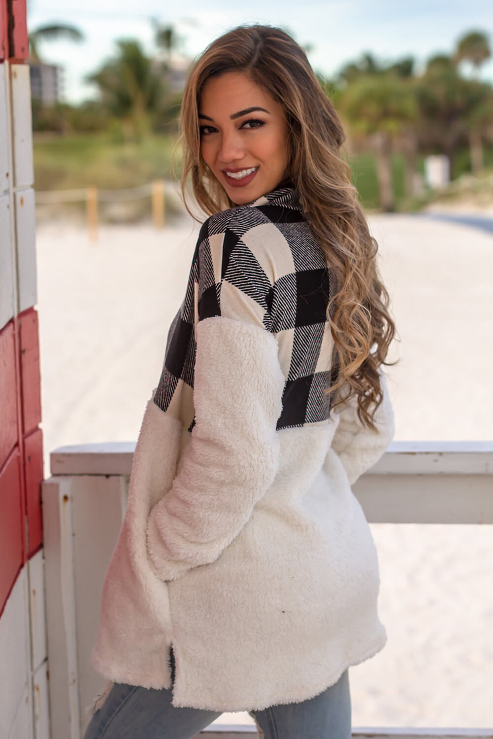 Black Fuzzy Pullover with Plaid Detail