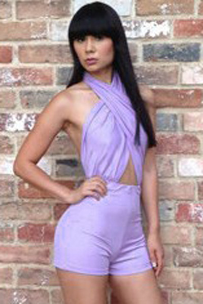 薰衣草色交叉颈部露背连衣裤