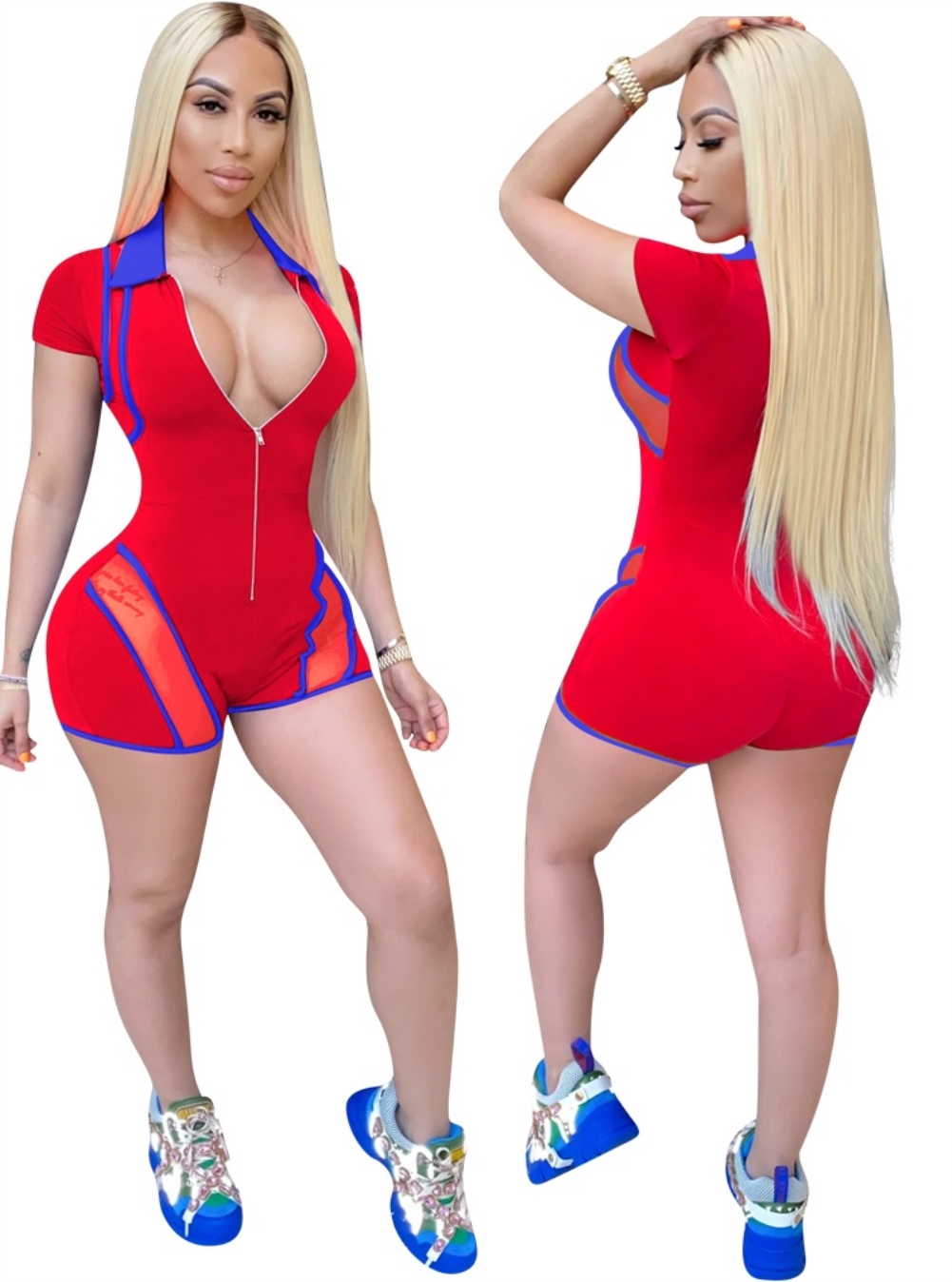 Summer Sports Patchwork Zipper Bodycon Rompers