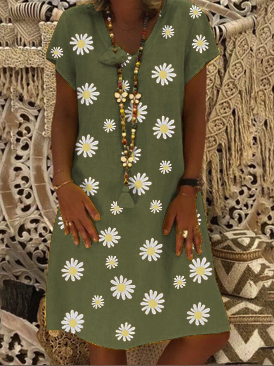 Casual vintage V-neck short-sleeved daisy dress