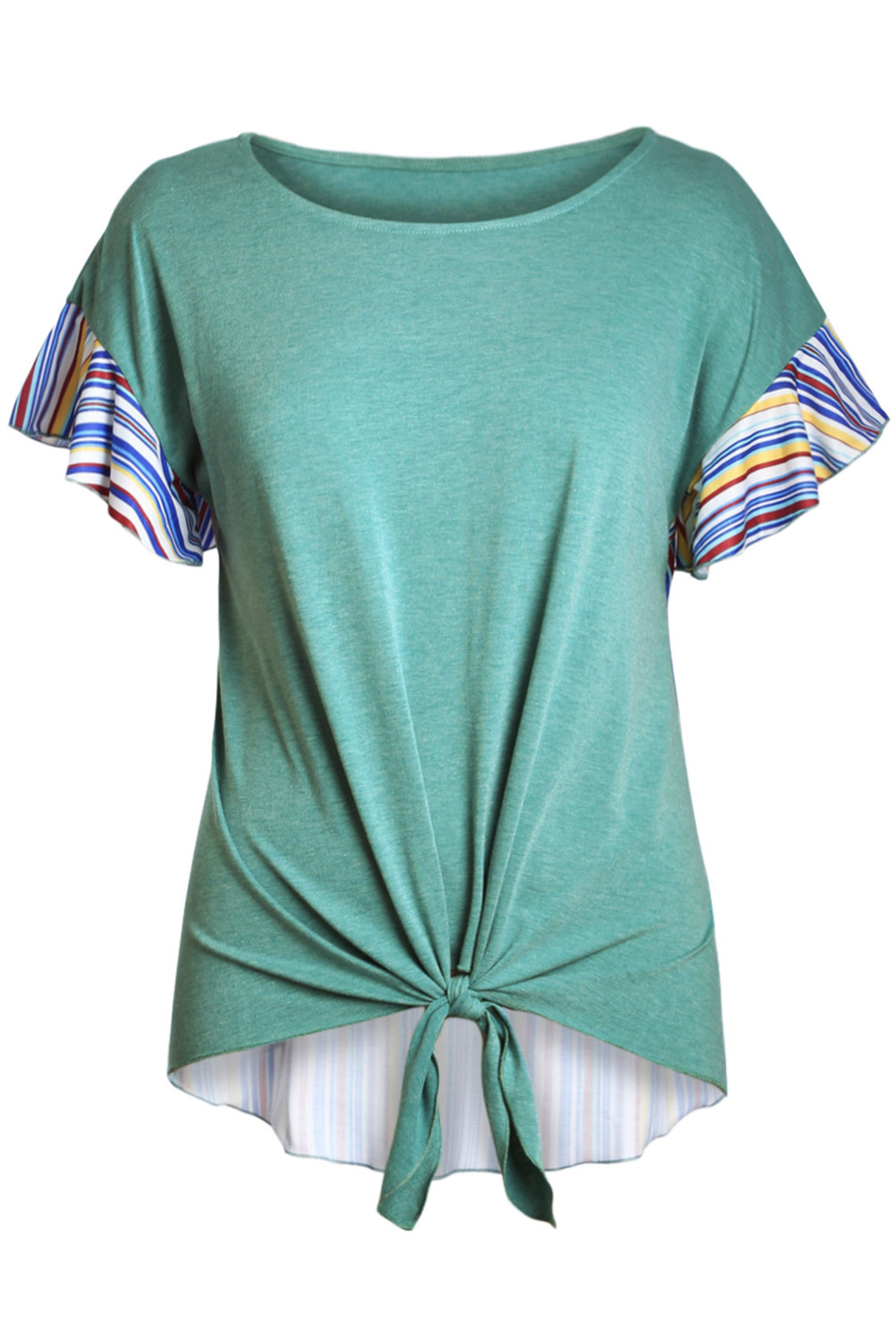 Green Striped Ruffle Sleeve Tie Top