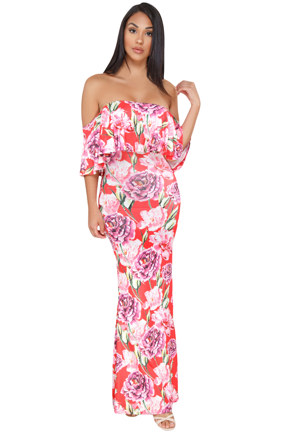 Coral Red Floral Print Off-the-shoulder Maxi Dress