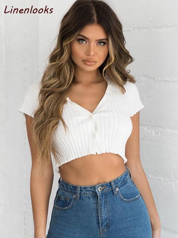 Short Sleeve V neck Button Short Tank Tops