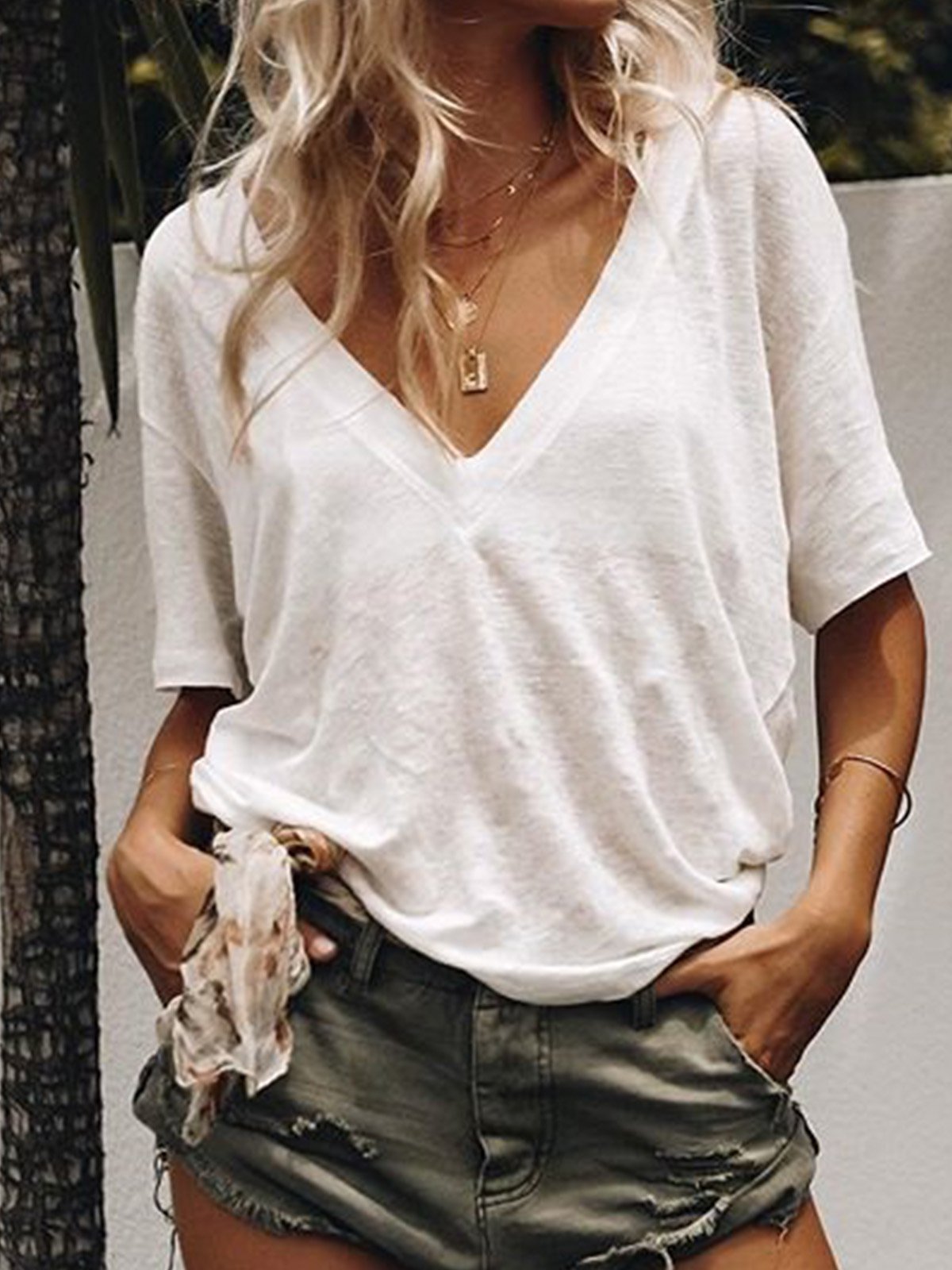Women Summer Casula Loose V neck T Shirt Tops